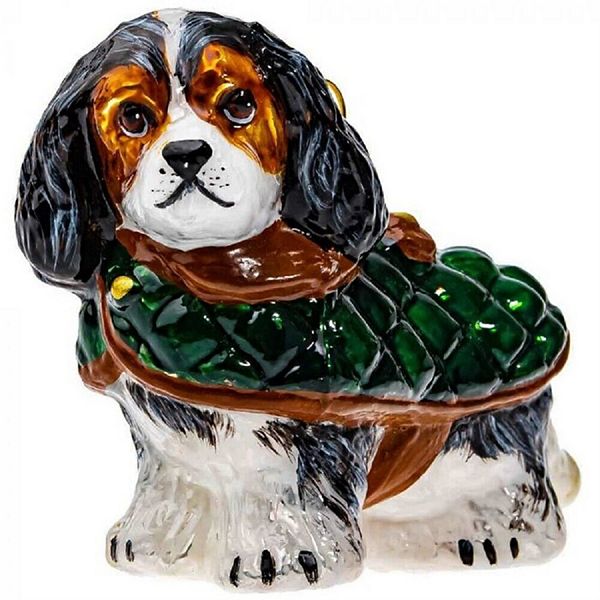 Joy To The World Tri Color Cavalier King Charles Spaniel In Quilted Coat Polish Glass Ornament Pinnacle Peak Trading Company