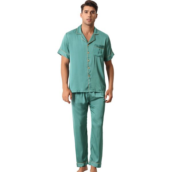 Men's Satin Sleepwear Short Sleeve Button Down T-shirt With Pants Couple Pajama Set Cheibear