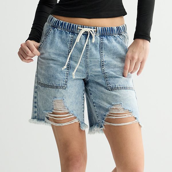 Juniors' Project Indigo Drawstring Destructed Jean Shorts Project Indigo