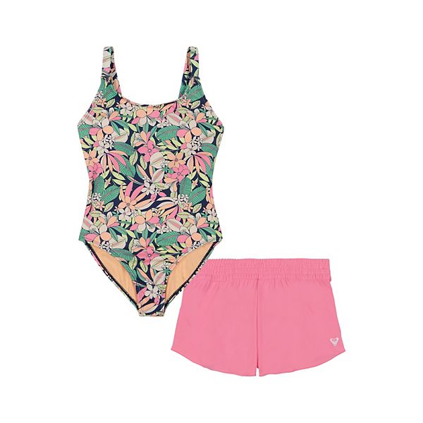 Girls 7-16 Roxy Palm Song One-Piece Swimsuit & Shorts Set Roxy