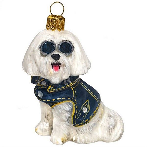 Joy To The World Maltese With Denim Jacket And Sunglasses Polish Glass Dog Ornament Pinnacle Peak Trading Company