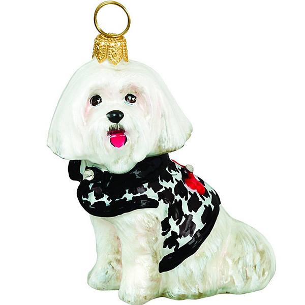 Joy To The World Maltese In Hounds Tooth Sweater Polish Glass Christmas Ornament Pinnacle Peak Trading Company