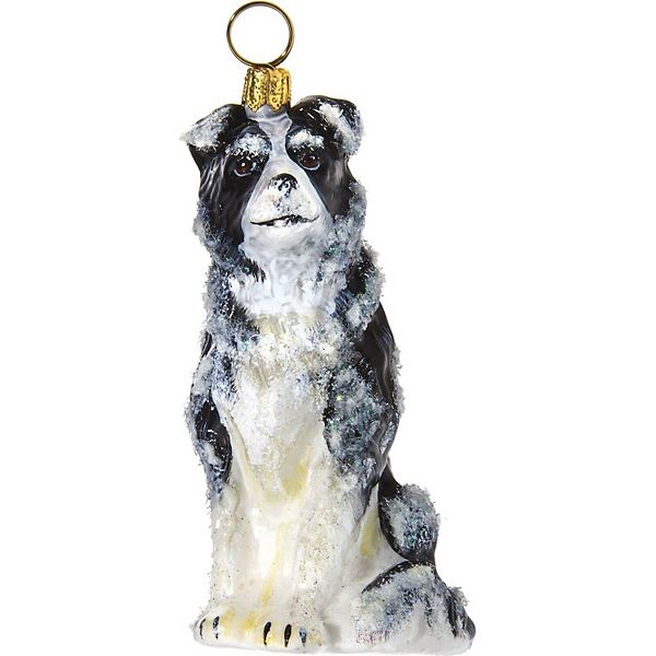 Joy To The World Snowy Border Collie Polish Glass Christmas Dog Ornament Pinnacle Peak Trading Company