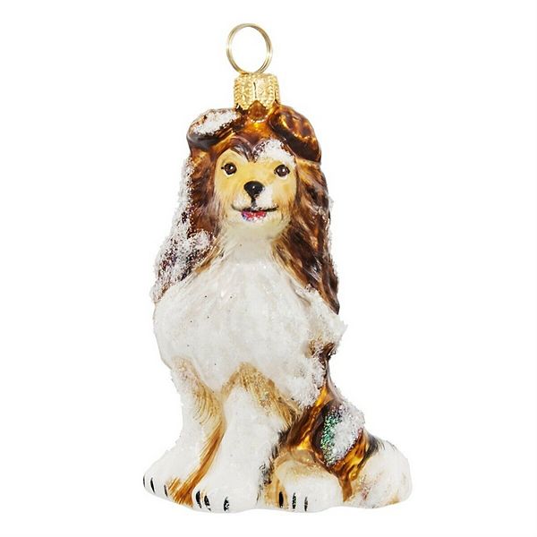 Joy To The World Snowy Shetland Sheepdog Sitting Dog Polish Glass Christmas Ornament Sheltie Pet Pinnacle Peak Trading Company