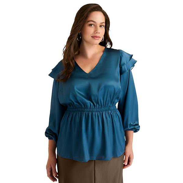 June + Vie Women's Plus Size Satin Peplum Top June+Vie