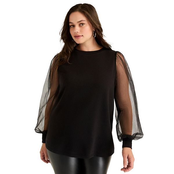 June + Vie Women's Plus Size -Sleeve French Terry Sweatshirt June+Vie