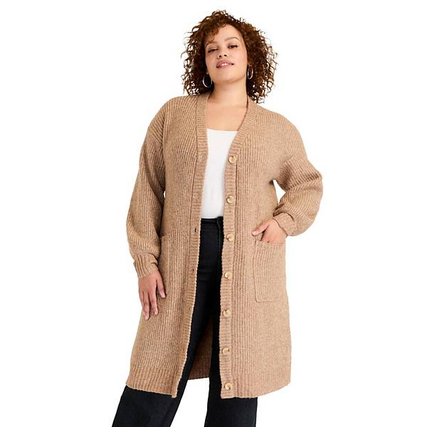 June + Vie Women's Plus Size Midi-Length Button-Down Cardigan June+Vie