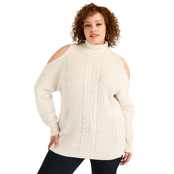 June + Vie Women's Plus Size Cold-Shoulder Cable-Knit Turtleneck June+Vie