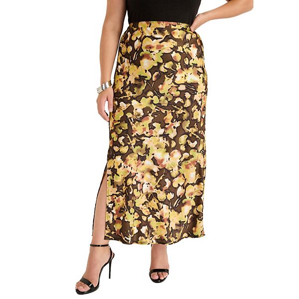 June + Vie Women's Plus Size Satin Side-Slit Midi Skirt June+Vie