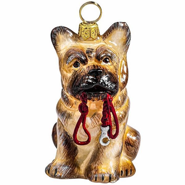 Joy To The World Cream French Bulldog With Leash Polish Glass Christmas Ornament Pinnacle Peak Trading Company