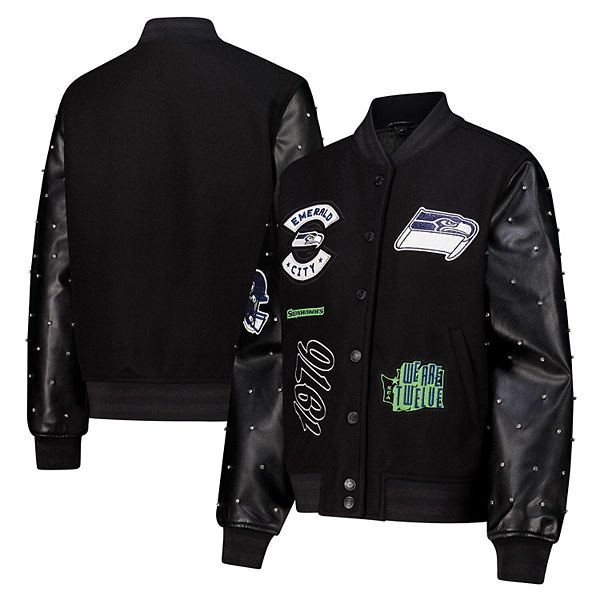 Women's The Wild Collective Black Seattle Seahawks Varsity Full-Snap Sparkle Jacket The Wild Collective