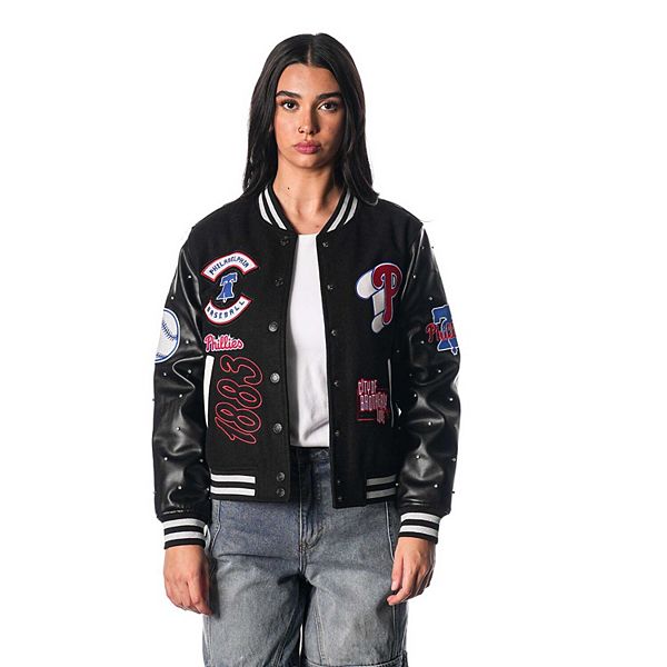 Women's The Wild Collective Black Philadelphia Phillies Full-Snap Varsity Jacket The Wild Collective