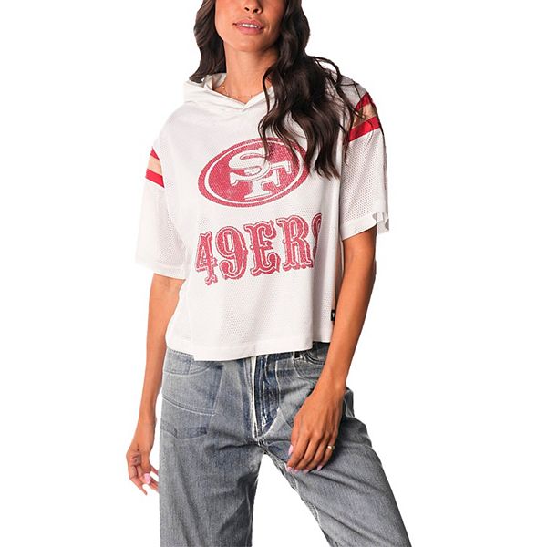 Women's The Wild Collective  White San Francisco 49ers Mesh Short Sleeve Hoodie T-Shirt The Wild Collective