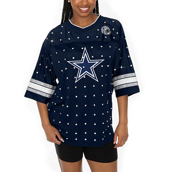 Women's Gameday Couture Navy Dallas Cowboys All-Over Rhinestone Sports Stripe Kickoff V-Neck Fashion Half-Sleeve Jersey Top Gameday Couture