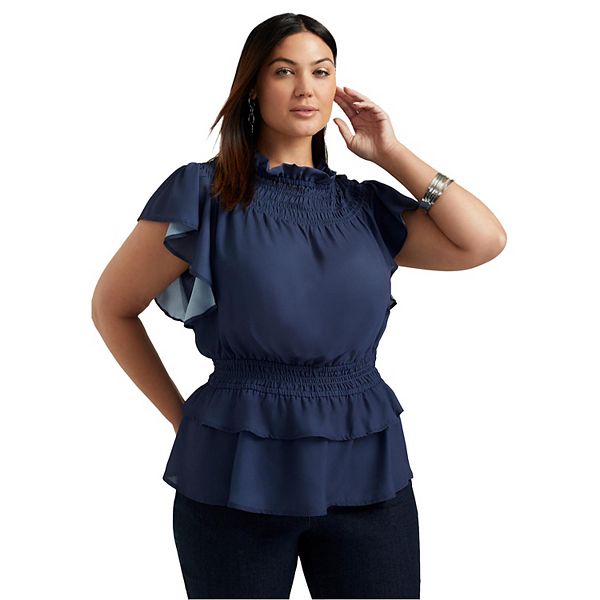 June + Vie Women's Plus Size Mockneck Ruffle Blouse June+Vie