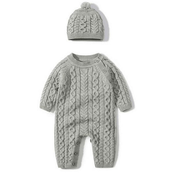 Baby Boys Grey Cable Knit Romper with Pom Hat Laurenza's