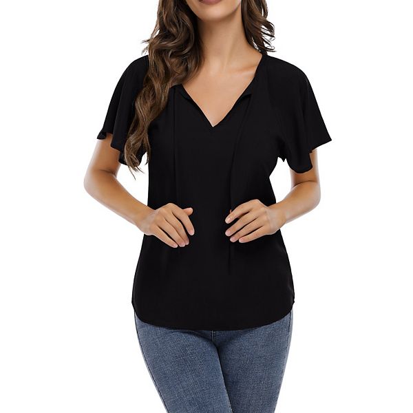 Women Causal Drawstring Blouse,v Neck Short Sleeve Black Tunic Tops Clearlove