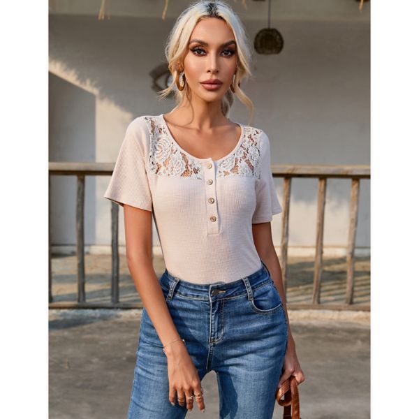 Women's Short Sleeve Henley Shirts Ribbed Button Down Scoop Neck Slim Fit Tops Ribbed Knit Blouse Clearlove