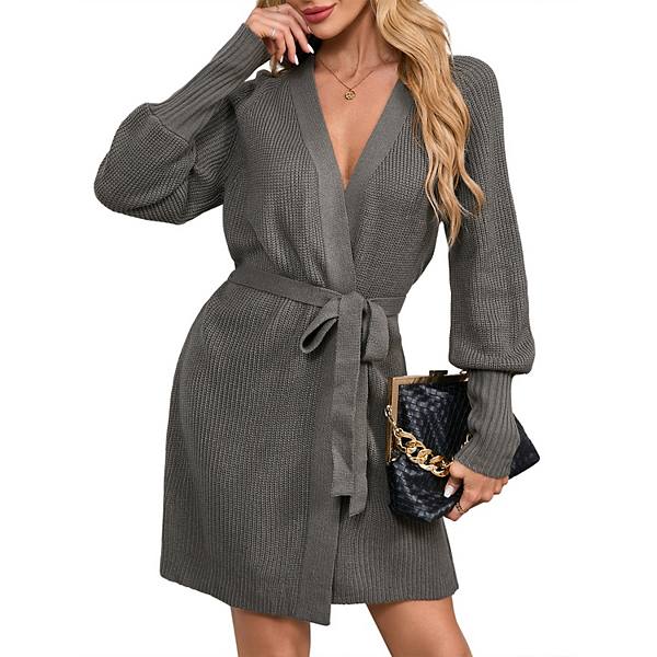 Women's 2024 Fall Long Batwing Sleeve Wrap V Neck Knitted Bodycon Sweater Mini Dress with Belt Clearlove