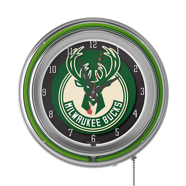 Настенные часы с неоновой подсветкой Milwaukee Bucks, 37 см, аналоговый механизм, 1 батарейка AA Trademark Gameroom