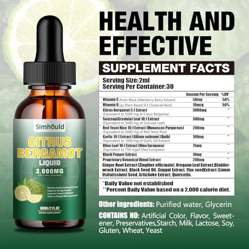 2 Pack Citrus Bergamot Liquid Drops 3000mg-Contain Soursop, Red Yeast Rice, Olive Leaf, Natural Bergamot Supplementfor Cholesterol,Support Heart Health ＆ Immune System，Sugar- Free, Non-GMO, 4 Fl Oz Simhould