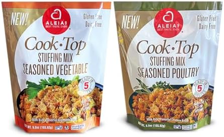 ALEIA'S BEST. TASTE. EVER. Gluten Free Cook Top Stuffing mix - Assorted 2 Pack includes (1) Cook Top Seasoned Poultry 5.5 oz, (1) Cook Top Seasoned Vegetable 5.5 oz. Ready in five minutes! Certified Gluten Free, Dairy Free ALEIAS BEST. TASTE. EVER.