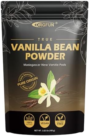 ORGFUN Vanilla Bean Powder 3.53 Oz, Native Ground Madagascar Vanilla Powder Pure Natural No Fillers or Additives Great for Baking, Desserts, Coffee Vegan Gluten Free 100G ORGFUN