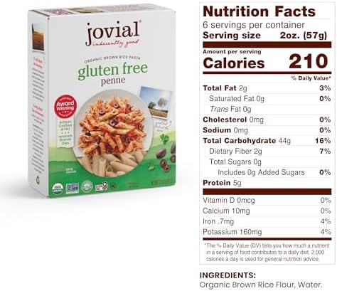 Jovial Whole Grain Brown Rice Penne Pasta - Whole Grain Pasta, Organic Pasta, Gluten Free, Dairy Free, Brown Rice Pasta, Made in Italy - 12 Oz, 4 Pack Jovial