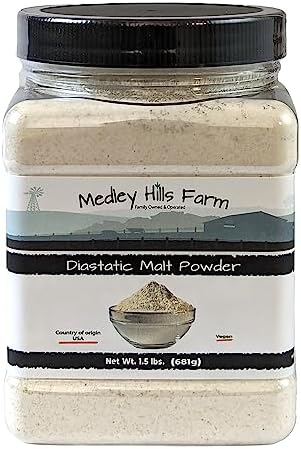 Diastatic Malt Powder by Medley hills farm 1.5 Lbs. in Reusable Container - Great Diastatic malt powder for baking Bread, Pizza Crust, Pretzels, Desserts and Milkshakes. Made in the USA - Vegan Medley Hills Farm