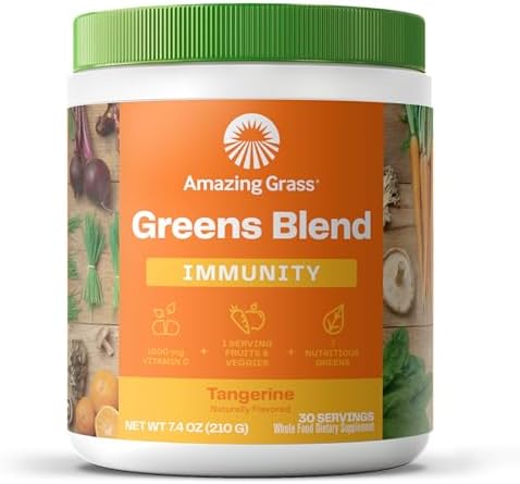 Amazing Grass Greens Superfood for Immune Support: Greens Powder with Organic Spirulina, Chlorella, Beet Root Powder, Digestive Enzymes & Probiotics, Tangerine, 30 Servings Amazing Grass