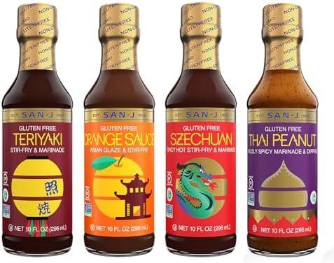 San-J - Spice of Life Variety Pack- Teriyaki, Orange Sauce, Szechuan, Thai Peanut - All Gluten Free Cooking Sauces - Non-GMO - 10 oz. Bottles - 4 Pack San-J