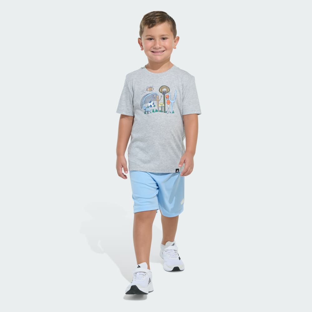 Two-Piece Short Sleeve Cotton Heather Tee and Elastic Waistband Logo Shorts Set Adidas