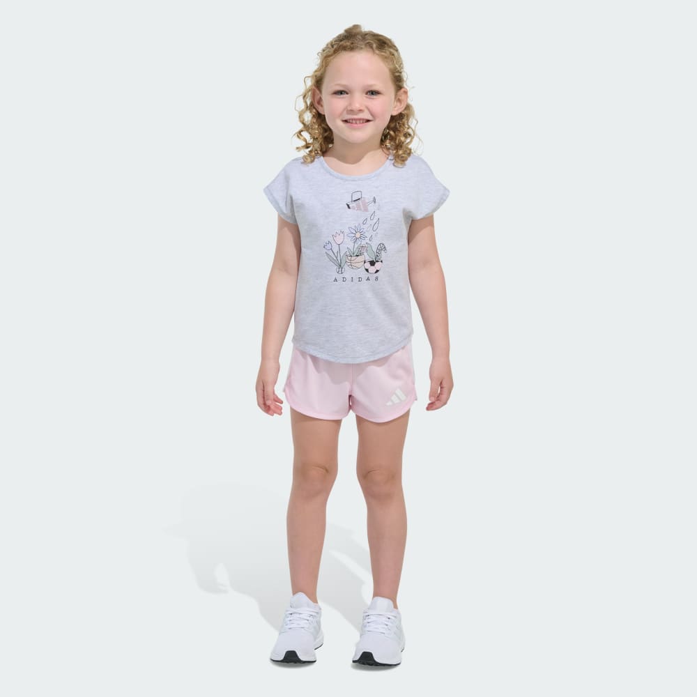 Two-Piece Short Sleeve Graphic Heather Tee and Mesh Shorts Set Adidas