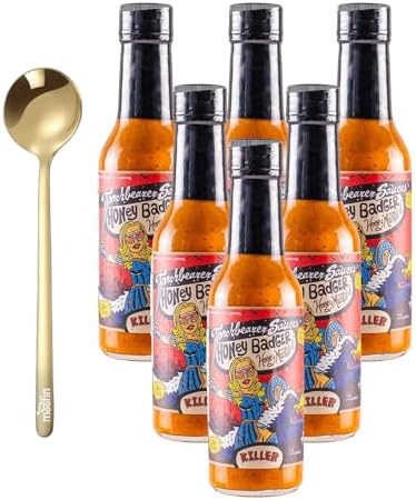 moofin Torchbearer Torchbearer Hot Sauce Honey Badger, 5 Fl Oz - Scorching Scorpion Pepper Hot Sauce & Carolina Reaper Blend, Sweet Mustard & Honey Flavor With Golden Ss Spoon, (Pack of 6) Moofin