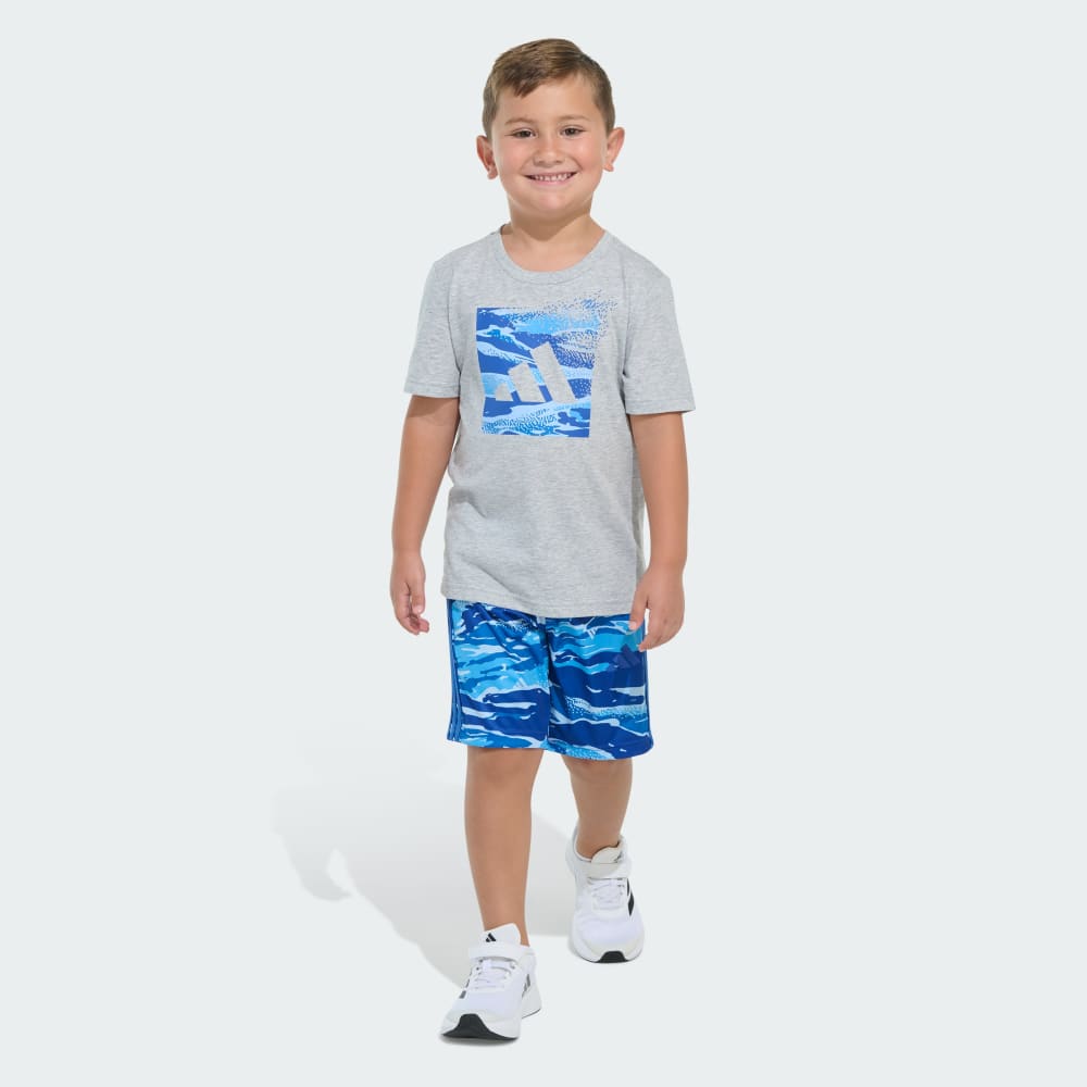 Two-Piece Short Sleeve Cotton Heather Tee and Elastic Waistband Printed Shorts Set Adidas