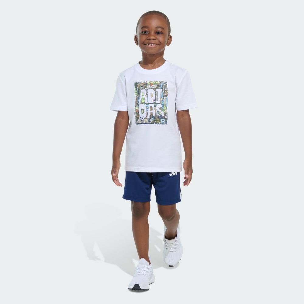 Two-Piece Short Sleeve Graphic Cotton Tee and 3-Stripes Shorts Set Adidas