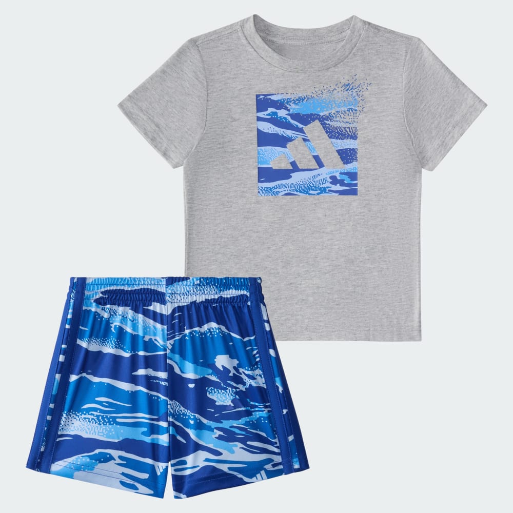 Two-Piece Short Sleeve Cotton Heather Tee and Elastic Waistband Printed Shorts Set Adidas