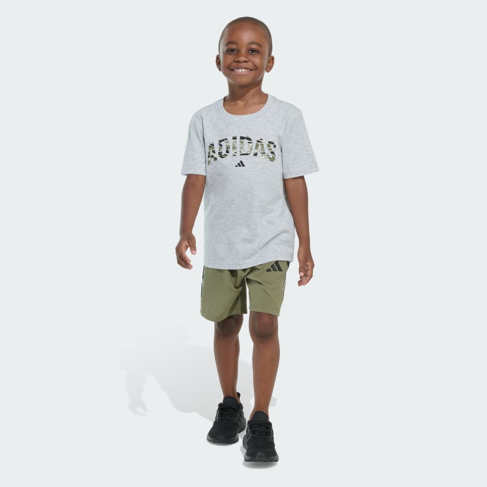 Two-Piece Short Sleeve Heather Tee and Camo 3-Stripes Woven Shorts Set Adidas