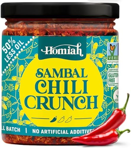 Homiah Sambal Chili Crunch, 6oz - Less Oil Low Sodium Gluten Free Vegan, Sambal Oelek Chili Paste, Crispy Chili Crunch Topping with Seaweed - Mild Homiah