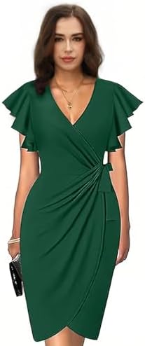 G&Y Women's Deep V Neck Ruffle Sleeve Midi Dress - Classic Cocktail Party Work Faux Wrap Sheath G&Y