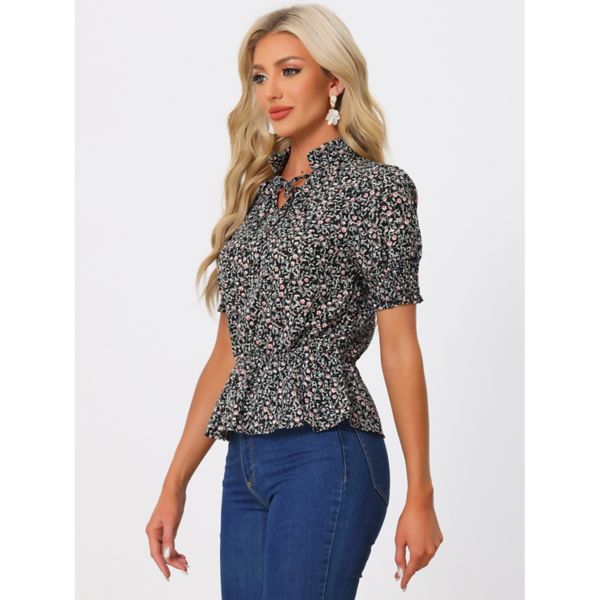 Women's Floral Print Summer Ruffle Neck Short Sleeve Peplum Top Allegra K