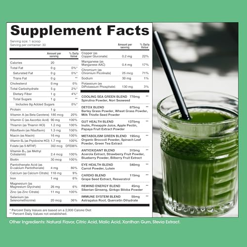 Rewind Greens - Super Greens Powder - Delicious Green Juice Drink Mix with Amazing Flavor - Over 40 Superfoods - Vitamin B12, Zinc, Vitamin C, Magnesium, and Calcium - Blueberry Acai Bliss Rewind