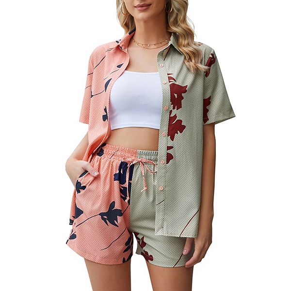 Women 2 Piece Outfits Cotton Linen Set For Summer Long Sleeve Button Down Shirt And Shorts Kojooin