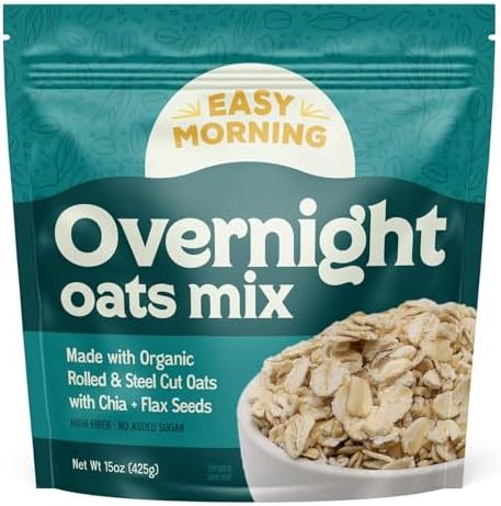 Easy Morning Overnight Oats ⎸ Organic Mix of Rolled Oats, Flax, Chia, Steel Cut Oats ⎸ Make in Overnight Oats Containers with Lids, Then Wake Up to Your Perfect Breakfast (10 Serving Bag, 15oz) Easy Morning