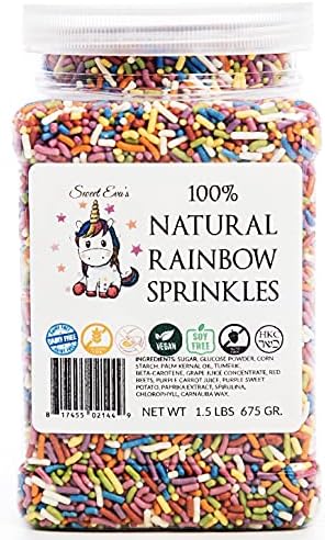 100% NATURAL RAINBOW SPRINKLES - NATURAL COLOR, DAIRY FREE, NUT FREE, GLUTEN FREE, SOY FREE, VEGAN, EGG FREE AND KOSHER ,1.5 LBS. CUPCAKE AND CAKE TOPPER,BULK CANDY, RESEALABLE CONTAINER,COLORFUL Sweet Eva’s