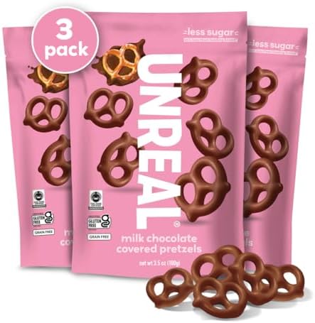 UNREAL Milk Chocolate Covered Pretzels, 7g Sugar, Chocolate Candy Treat Bag, Gluten Free, Fair Trade, Non-GMO, Value Size, 3.5oz (Pack of 3) Unreal