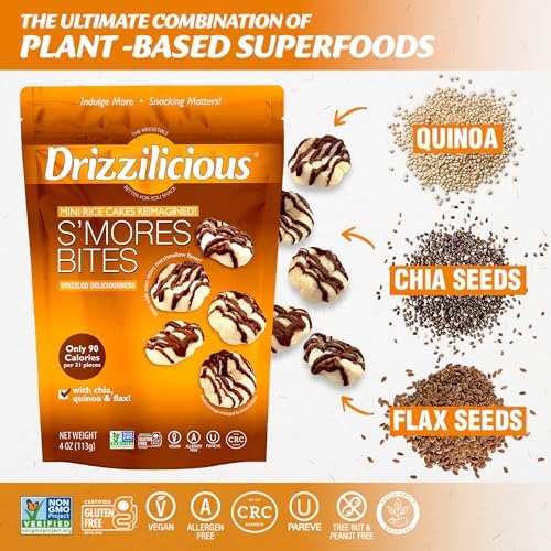 Drizzilicious Mini Rice Cakes S'mores - Rice Crisps, Healthy Snack for Adults and Kids, Flavored Rice Cakes, Vegan, Gluten Free, Allergen Free, Only 90 Calories Per Serving- 4 oz (Pack of 1) Drizzilicious