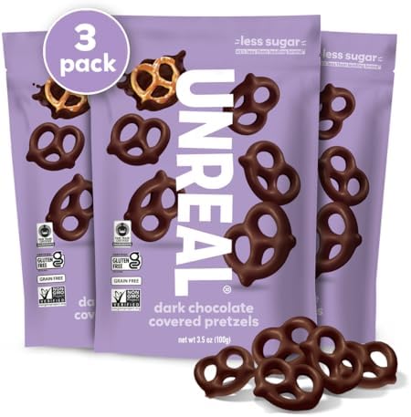 UNREAL Dark Chocolate Covered Pretzels, 7g Sugar, Chocolate Candy Treat Bag, Gluten Free, Fair Trade, Non-GMO, Value Size, 3.5oz (Pack of 3) Unreal