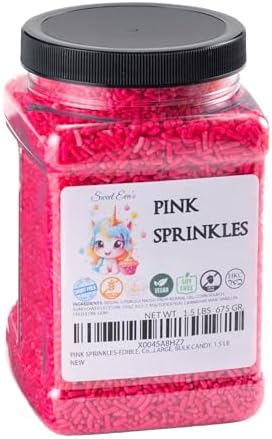 PINK SPRINKLES - Ebible Confectionery Accents, Gluten Free, Dairy Free, Egg Free, Soy Free, Nuts free, Kosher, Vegan, Fancy Sprinkles For Baking ,Decorating ,Cakes, Cupcakes, Cookies, Cake Topper, Candy Sprinkles, Jimmies, Sugar Shapes, Large, Bulk Candy, 1.5 LBS Sweet Eva’s