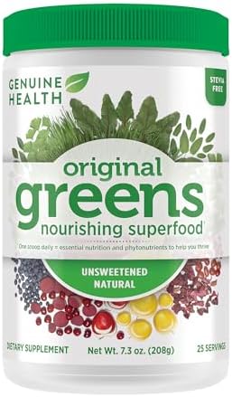 Genuine Health Greens+ Original Superfood Powder - Unsweetened Natural - Stevia Free - Chlorophyll Rich Ingredients, Spirulina, Milk Thistle, Antioxidants -Dairy Free -208g-25 Servings Genuine Health